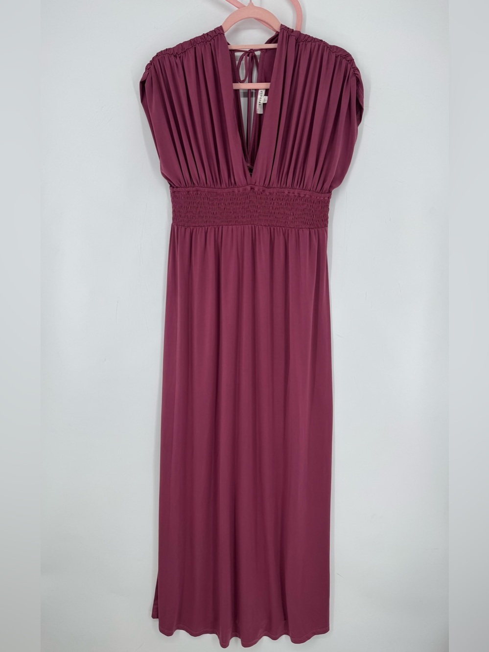 Emerald Boutique Mauve Deep V-Neck Smocked Waist Boho Formal Maxi Dress Medium